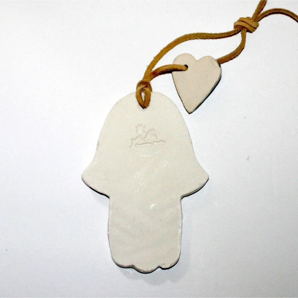 Hamsa Wall Ornament white ceramic Studio pottery blue heart boho decor